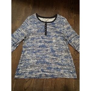 NWT Laura Ashley Top ~ Petite XL ~ 1/4 Button ~ Long Sleeve ~ Blue‎ Marble Print
